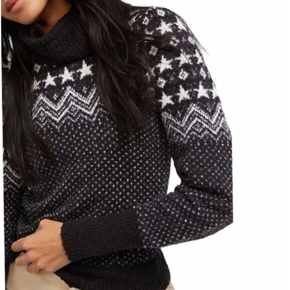 Free People Love Notes Turtleneck Sweater Black White Star Printed Cropped XS - Picture 1 of 11